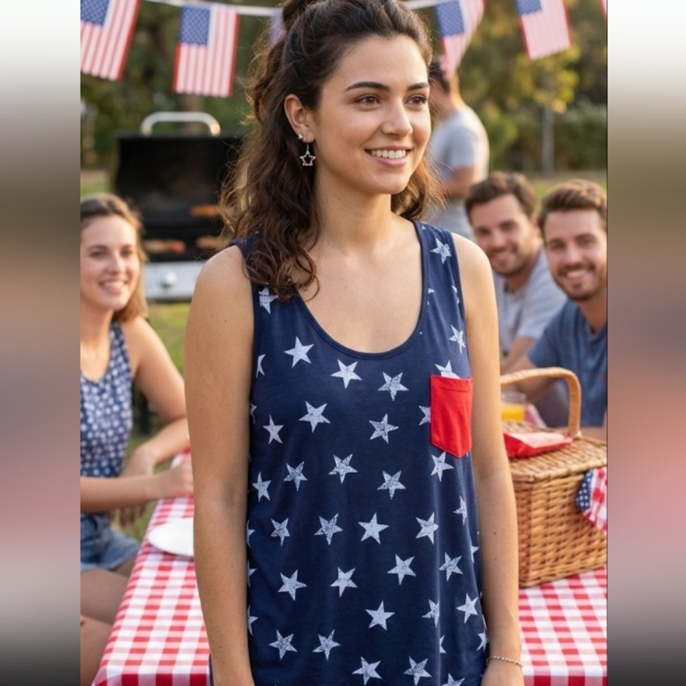 Navy Star Print Tank Top with Red Accents